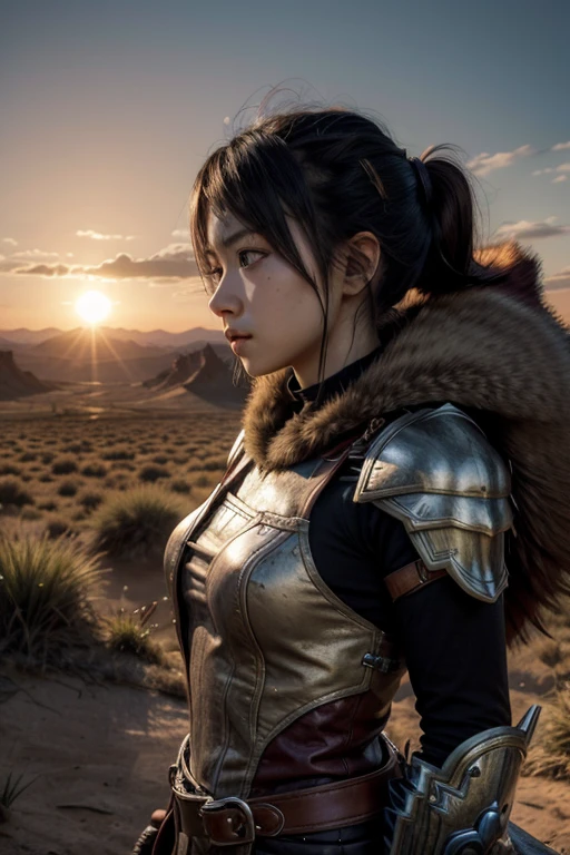 A beautiful female monster hunter looks to the horizon with a look of hope as she sees the sun rise after a long battle. 
