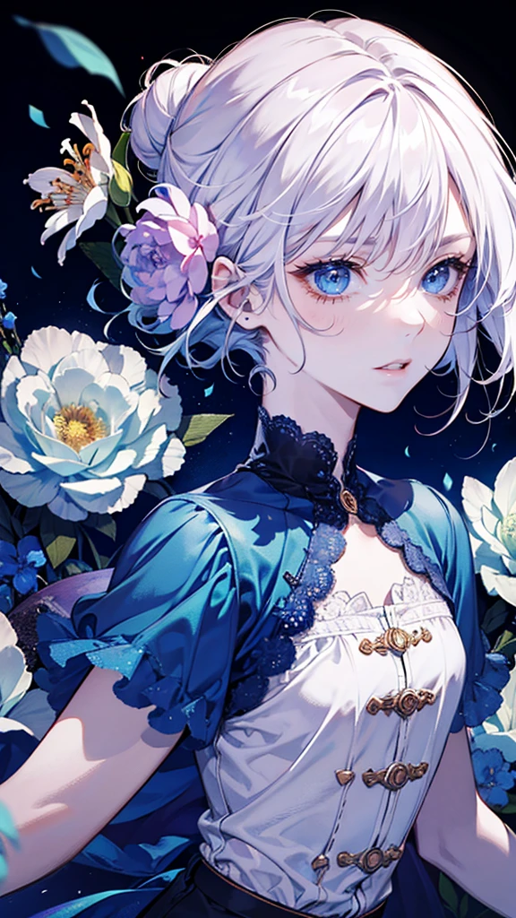 1men,beautiful detailed eyes,beautiful detailed lips,extremely detailed eyes and face,longeyelashes,white hair,blue eyes,short hair in bun with flowers,shorts,surrounded by flowers,lilies,roses,poppies,wet clothing,little, little waist,no bust,blushing cheeks,4k wallpaper,high quality render,super detailed render,2D,super detailed,high quality,4k,HD,high quality hair