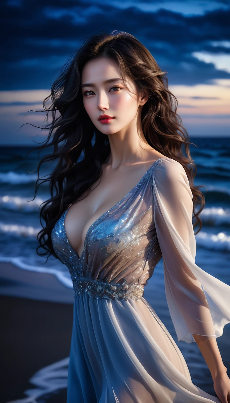 4K resolution,8K resolution,beautiful,Highest quality,Absolutely wonderful,Very detailed,Ultra-high resolution,masterpiece,Realistic,Realistic,Increased depth of field,Cinematic Light,
One elegant mature woman,
Wavy black long hair,精巧なディテールのbeautiful顔,Moist eyes,Sensual look,Glossy skin make-up,Transparent white skin,Very sensitive skin,Great proportions,Glamorous Body,Anatomically correct body,
Elegant Summer Beach Dress,Summery design,Beautifully detailed decoration,Detailed cloth texture,
Romantic seaside scenery,Dark night sky,Coastline stretching to the horizon,Deserted beach,Dark sea surface,
Cinematic Angle,
