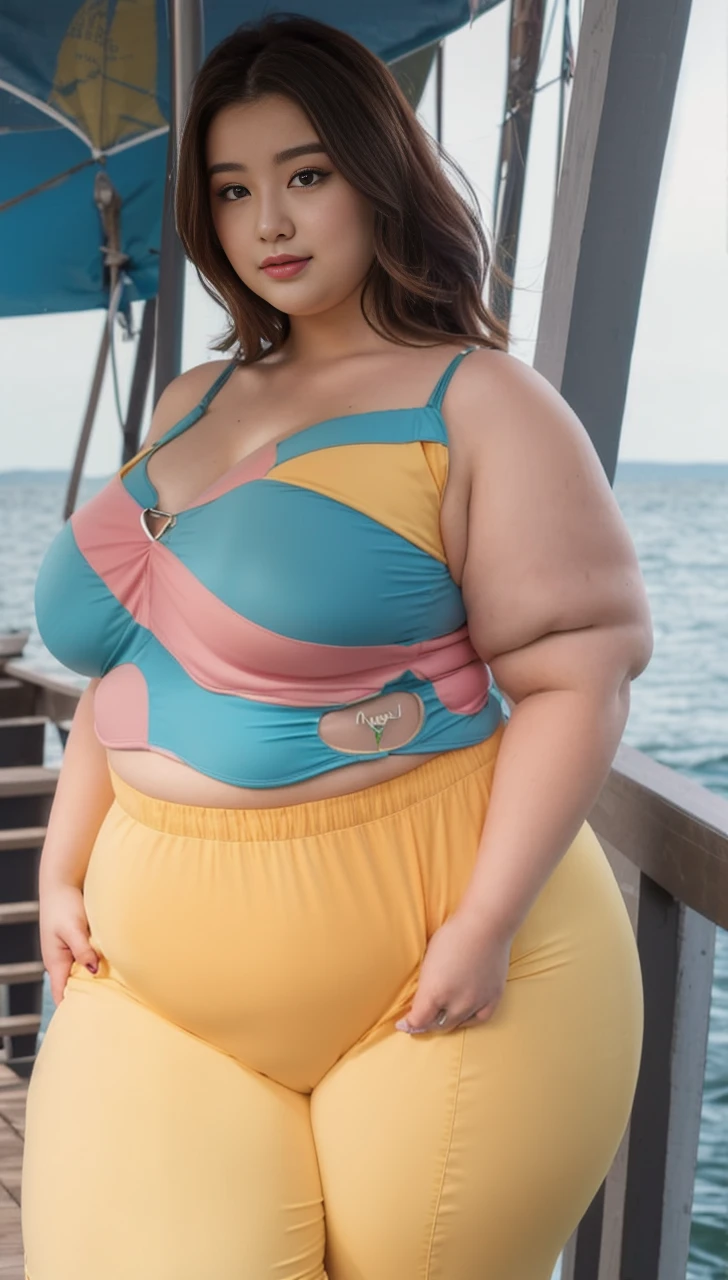 ((best quality)), ((masterpiece)), (detailed), perfect face, araffeTight skirtsShort , thicc, wavy short hair, she has a jiggly fat round belly, bbwchan, wearing tight simple clothes, skinny waist and thick hips, widest hips, her belly is fat and round, soft curvy shape, hyperrealistic full figure, wearing a cute top, wide hips, Blue swimsuit,On the beach by the seaBlue