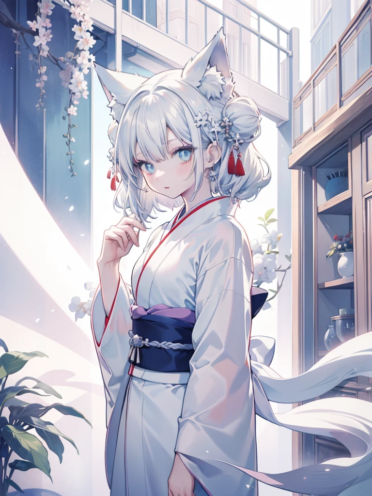 Anime role play, Anime girl role play, role play foto, Anime style mixed with Fuji film, role play, White-haired God, a beautiful fox woman, white cat girl, silver hair girl, internal , real life anime girls, haircut hairstyle kimono