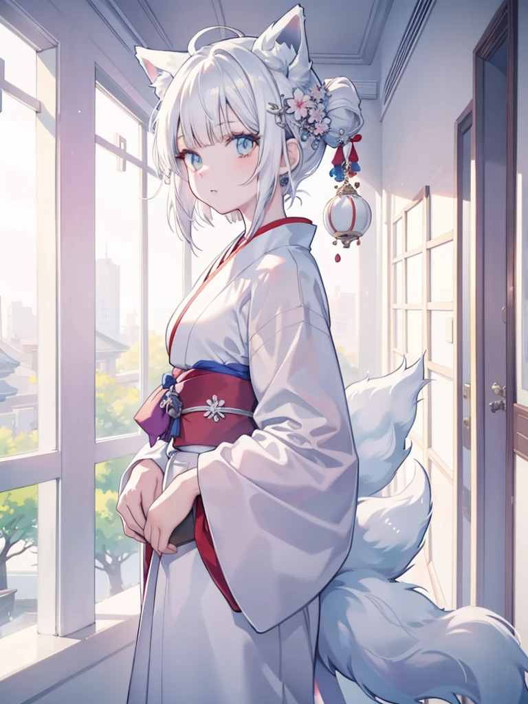 Anime role play, Anime girl role play, role play foto, Anime style mixed with Fuji film, role play, White-haired God, a beautiful fox woman, white cat girl, silver hair girl, internal , real life anime girls, haircut hairstyle kimono