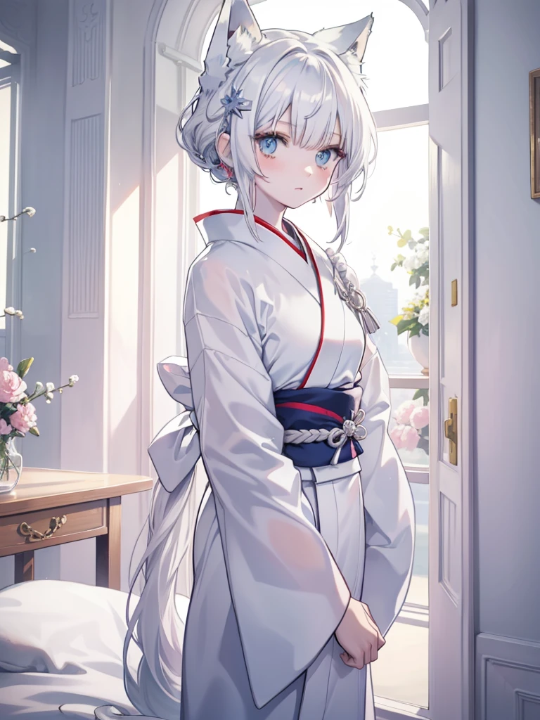 Anime role play, Anime girl role play, role play foto, Anime style mixed with Fuji film, role play, White-haired God, a beautiful fox woman, white cat girl, silver hair girl, internal , real life anime girls, haircut hairstyle kimono