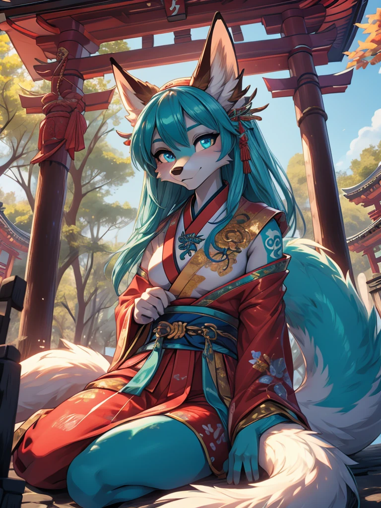 Miku Hatsune x vixen high definition add_detail:1, blue fur,kitsune ears, tribal tattoo add_detail:1, pretty girl add_detail:1, feudal priestess clothing add_detail:1, japanese shrine landscape add_detail:1, japanese shrine costume add_detail:1, add_detail:1, full body add_detail, highly detailed face, deep aqua iris add_detail:1