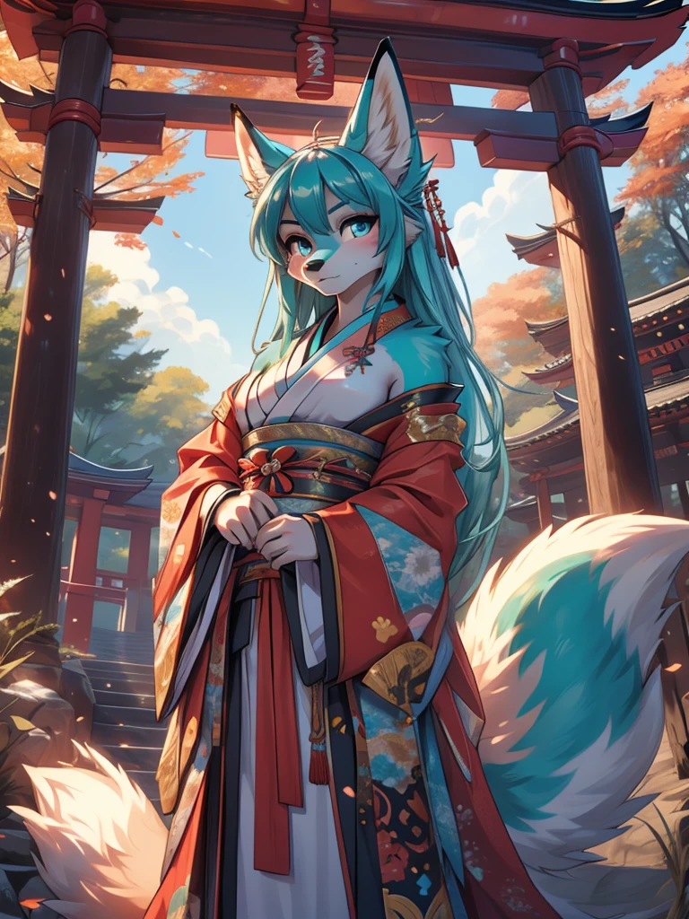 Miku Hatsune x vixen high definition add_detail:1, blue fur,kitsune ears, tribal tattoo add_detail:1, pretty girl add_detail:1, feudal priestess clothing add_detail:1, japanese shrine landscape add_detail:1, japanese shrine costume add_detail:1, add_detail:1, full body add_detail, highly detailed face, deep aqua iris add_detail:1