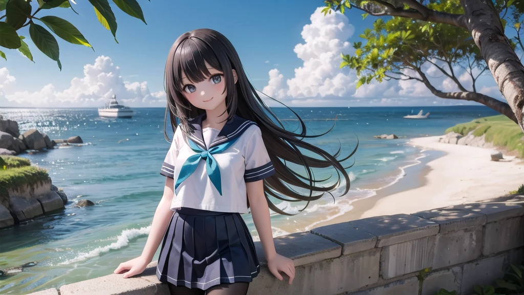 (masterpiece), town, blue sky, One Girl, Place the person on the right, smile, alone, Sailor suit、Long skirt, Overgrown, petal, plant、Skirt lining、Translucent slip、nostalgic、Black Pantyhose、I can see the ocean in the distance, Crotch close-up