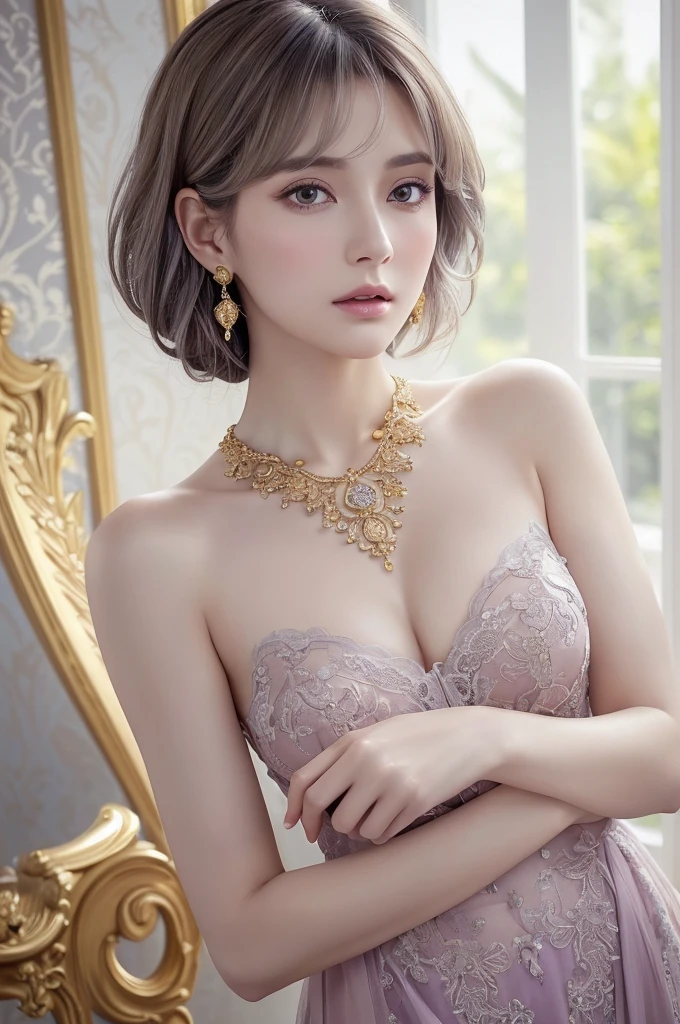 purple lace gold&good, (((Very luxurious and beautiful, perfect details, Awesome details))), whole body, The most detailed girls, Depth of writing region, 美しく詳細なwhole body, slender legs, 1 woman, 30 years old, very short hair, spiky hair, gray and silver hair, Beautifully detailed hair, perfect face, expressionless, Deep eyes, beautiful details, Open your mouth slightly., Delicate arms and hands, Pale skin, earring, Beautiful and elegant necklace, colorful background, HD background, blurred background, Very delicate and beautiful, Masterpiece, (((Highest quality, Very beautiful CG 8K wallpaper.))), (((Trendy Hairstyles))), (inside the room,Modern interior,window),