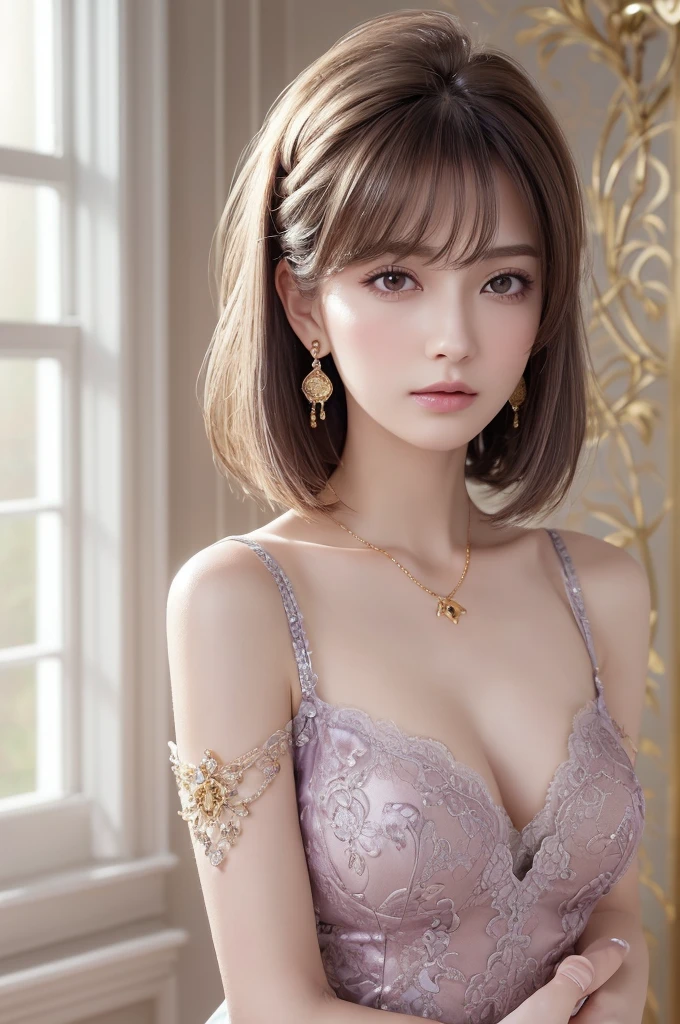 purple lace gold&good, (((Very luxurious and beautiful, perfect details, Awesome details))), whole body, The most detailed girls, Depth of writing region, 美しく詳細なwhole body, slender legs, 1 woman, 30 years old, very short hair, spiky hair, gray and silver hair, Beautifully detailed hair, perfect face, expressionless, Deep eyes, beautiful details, Open your mouth slightly., Delicate arms and hands, Pale skin, earring, Beautiful and elegant necklace, colorful background, HD background, blurred background, Very delicate and beautiful, Masterpiece, (((Highest quality, Very beautiful CG 8K wallpaper.))), (((Trendy Hairstyles))), (inside the room,Modern interior,window),