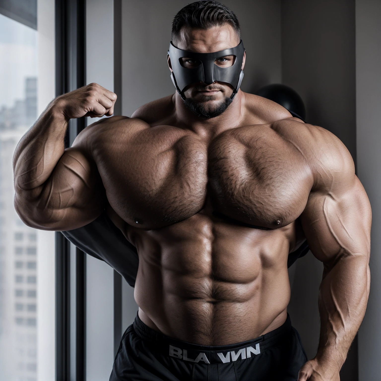 1Muscular man wearing a full face helmet,2-hole helmet,black helmet,Masked,Adult male,beefcake,Bodybuilding,Huge pectoral muscles,Thick arms,Broad shoulders,Round , upper body,Wear  tongs,Brown ,Mature,robust,Burly,tall and straight,luscious,,Masculinity,Big,big man,Heavy,Strong,apartment,The sun shines in from the window behind