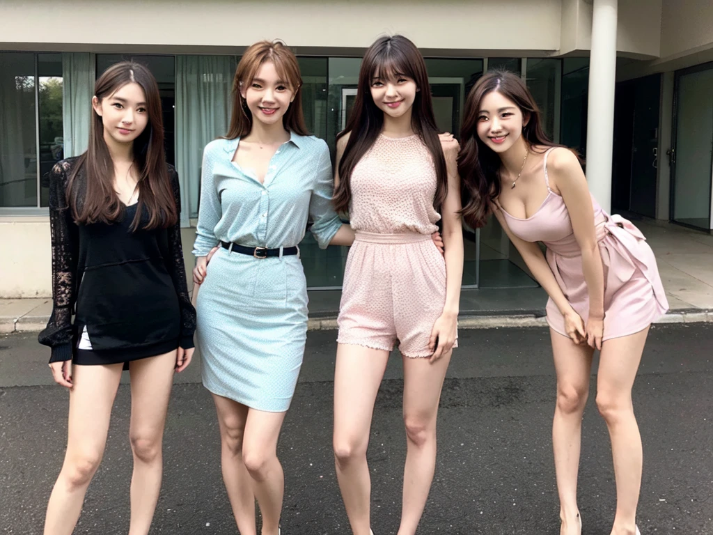((masterpiece, Highest quality, High resolution, 超High resolution, Pixel perfect, Written boundary depth, 4K, RTTX10.0, High resolution))), (4 beautiful japanese mature women:1.3), , ((Long Hair, bangs, Dark brown hair, Mr.々Hair style)), ((blushする:1.2)), Perfect body, Slender body, Exact finger count、Exact number of legs、Exact number of arms, (blush:1), (Four women standing side by side, Lifting one&#39;s skirt to greet guests.:1.2), ((Stylish black and white maid clothes:1.2)), (Raise your skirt yourself:1), Realistic, Slender body, Highest quality, High resolution, Highly detailed face, Perfect lighting,  (Perfect hands, Perfect Anatomy), Embarrassed expression, (School corridor, Maid cafe decorations for school festival, hospitality, Welcome Back Husband:1.3), Morning sun-like lighting, whole body, ((Stylish and sexy shiny white satin panties, garter belt, Knee socks:1.2)), (Exquisitely designed luxury panties for adults, パンティーのHigh resolution画像), Angle from the front