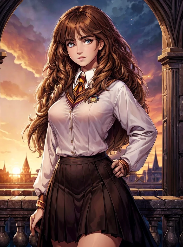 ((ultra quality)), ((masterpiece)), Hermione Granger, Harry Potter, An Epic Picture, ((brown-haired long hair)), (Beautiful face), (beautiful female lips), (), charming, (), looks at the camera, eyes slightly open, (skin color white), (White skin), glare on the body, ((detailed beautiful female eyes)), (eye color - brown), (juicy female lips), (dark eyeliner), (beautiful female hands), ((ideal female figure)), ideal female body, (), beautiful waist, gorgeous thighs, beautiful medium breasts, ((subtle and beautiful)), A seductive stance (), (dressed in Hogwarts school uniform) background: bridge on Hogwarts grounds, Beautiful sunset, ((depth of field)), ((high quality clear image)), (clear details), ((high detail)), realistically, professional photo session, ((Clear Focus)).