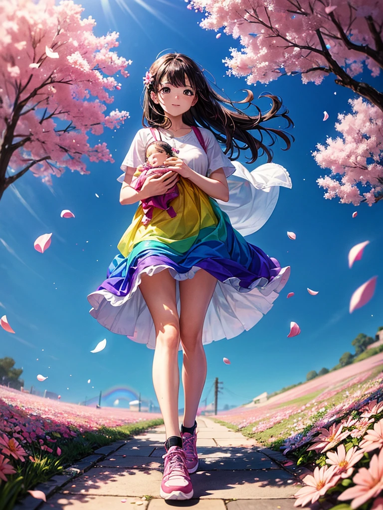 Highest quality,Highest Resolution,A woman walking down a sidewalk with falling flower petals, holding a baby,Rainbow on background,