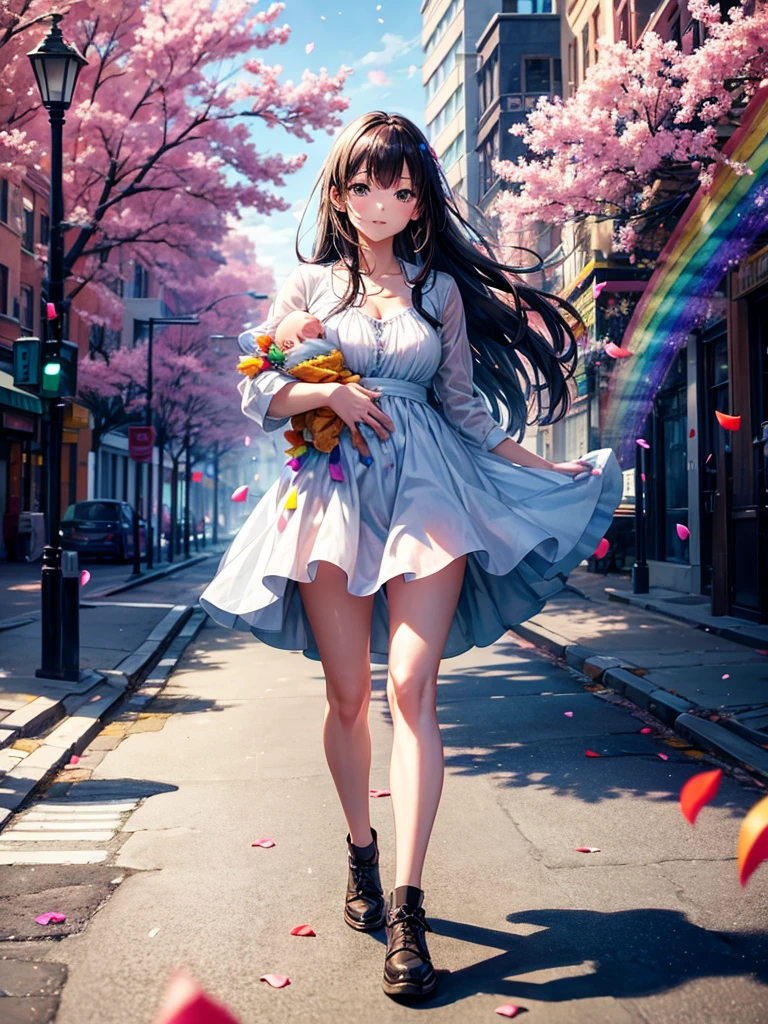 Highest quality,Highest Resolution,A woman walking down a sidewalk with falling flower petals, holding a baby,Rainbow on background,