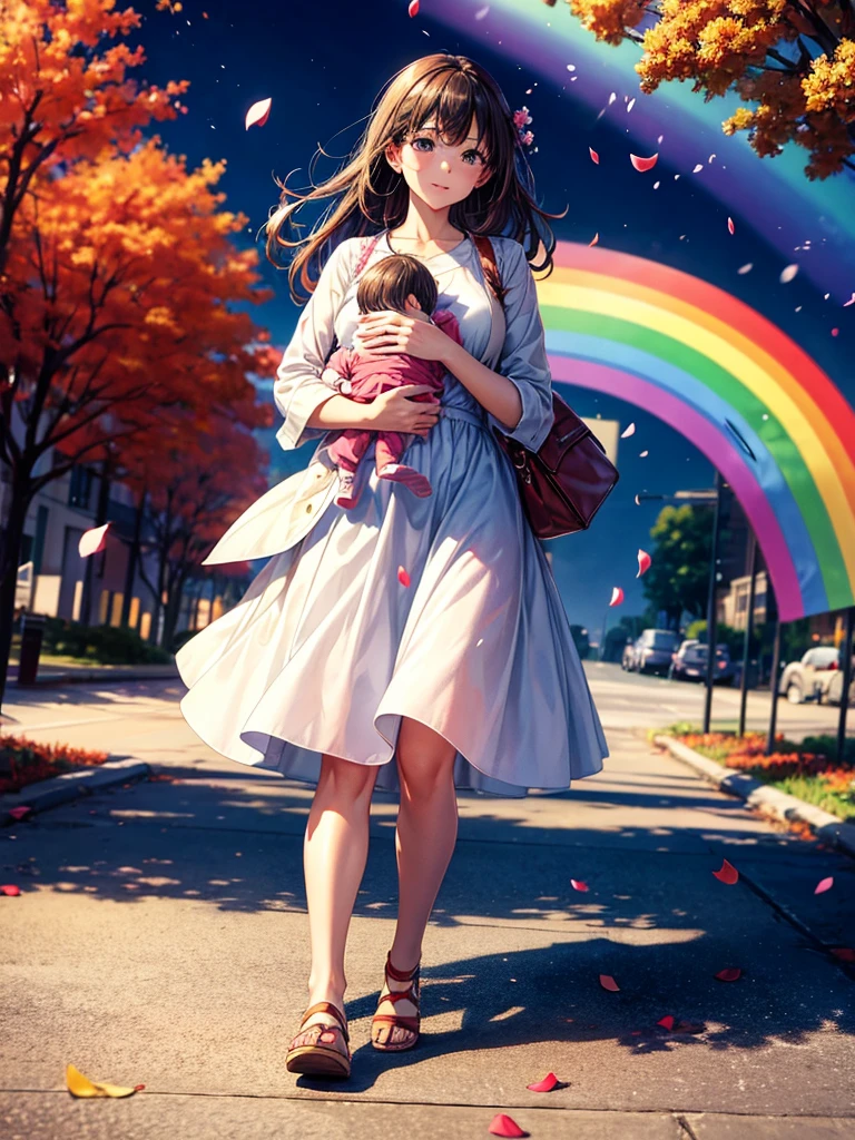 Highest quality,Highest Resolution,A woman walking down a sidewalk with falling flower petals, holding a baby,Rainbow on background,