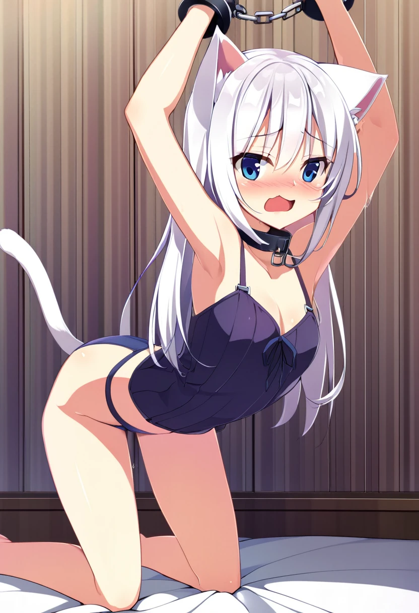 one girl, handcuffed above her head, slave, cat ears, white hair, naive, cute