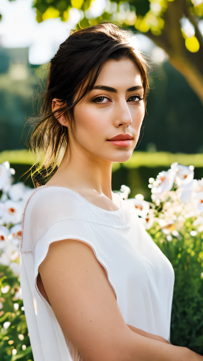 30-year-old woman, Upper body portrait photo, (Alyssa Monks:1.1), Joseph Lorso, Lilia Alvarado, Beautiful lighting, Sharp focus, 8K, High resolution, (pores:0.1), (Sweaty:0.8), masterpiece, Nikon Z9, Award-winning photo, (Perfect round irises:1.3)､(White short dress)､Big Tits､masterpiece, 最high quality, high quality, High resolution､In the garden of a mansion､