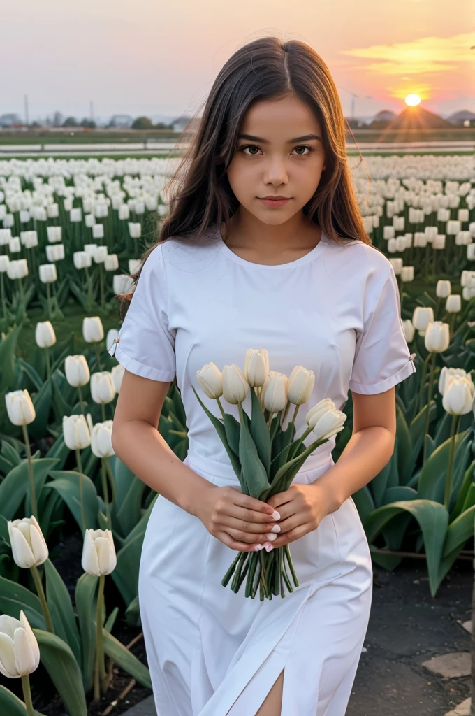 Sunset in background and a girl with white tulip bouquet looking at sunset