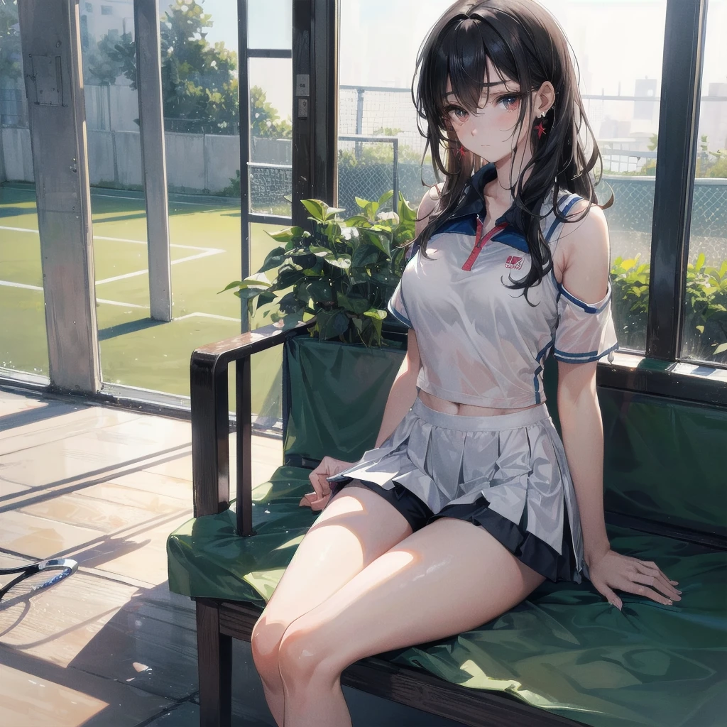((((absurdres, RAW photo, extremely delicate and beautiful, masterpiece, Best Quality, ultra high resolution, 32k, hyperrealistic, ultra-detailed)))), in her 20s, very Slim body, narrow waist, very small head, very small face, delicate facial features, beautiful face, beautiful eyes, very huge round , medium hair, black hair, wavy hair, tearful mole, earring, full body shot, ((Tennis uniform)), bare shoulders, shorts,