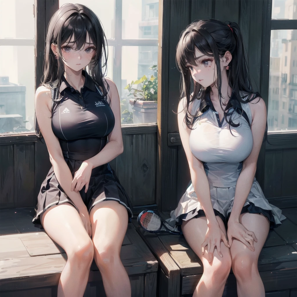 ((((absurdres, RAW photo, extremely delicate and beautiful, masterpiece, Best Quality, ultra high resolution, 32k, hyperrealistic, ultra-detailed)))), in her 20s, very Slim body, narrow waist, very small head, very small face, delicate facial features, beautiful face, beautiful eyes, very huge round tits, medium hair, black hair, wavy hair, tearful mole, earring, full body shot, ((Tennis uniform)), bare shoulders, shorts,