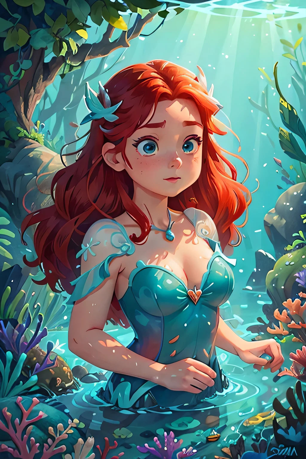 Create a stunning 4K resolution close-up portrait of Ariel, the enchanting Disney princess from "The Little Mermaid," capturing her beauty and the magic of the ocean in ultra-high detail. Visualize Ariel with her vibrant red hair flowing freely in the water, each strand gently waving as if caught in an underwater current. Her large, expressive blue eyes should sparkle with curiosity and wonder, framed by her fair, radiant skin that glows with an ethereal, mermaid-like quality. Dress Ariel in her signature seashell top, the shells meticulously detailed with a pearlescent sheen that reflects shades of pink and purple. Her shimmering green and aqua tail, just visible in the portrait, should catch the underwater light, creating a mesmerizing pattern. Set the scene against a backdrop of the ocean, featuring vibrant coral reefs, schools of tropical fish, and beams of sunlight penetrating the water, creating dappled patterns on the sea floor. Include small bubbles rising around Ariel and gentle ripples in the water to enhance the sense of movement and life. Use a rich and vibrant color palette, with deep blues and aquamarines for the ocean, pops of color from the coral and sea life, and Ariel’s red hair standing out vividly against the cool tones. Ariel's expression should convey her adventurous and curious spirit, with wide eyes filled with wonder and a soft smile or look of awe as she gazes at something just out of the frame. Every element should be rendered in ultra-high detail, from the texture of Ariel's hair and scales to the intricate patterns of the coral and the subtle play of light and shadow underwater. This portrait aims to celebrate Ariel as the beloved princess of the sea, capturing her iconic features and the mesmerizing beauty of her underwater realm.