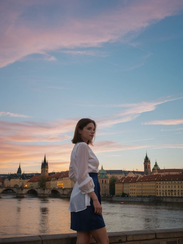 her name is Elle, high quality, 1girl, ((20-year-old fit Caucasian woman)), ((20 years old)), ((fit)), ((pale skin)), short length straight dark hair , wearingRuched Front Satin Blouse + High-Waisted Asymmetrical Skirt, pose: standing, background: Detail the romantic charm of the Charles Bridge in Prague at sunrise, with the city's spires silhouetted against the colorful sky and the Vltava River flowing below.