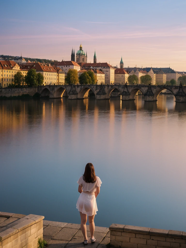 her name is Elle, high quality, 1girl, ((20-year-old fit Caucasian woman)), ((20 years old)), ((fit)), ((pale skin)), short length straight dark hair , wearingRuched Front Satin Blouse + High-Waisted Asymmetrical Skirt, pose: standing, background: Detail the romantic charm of the Charles Bridge in Prague at sunrise, with the city's spires silhouetted against the colorful sky and the Vltava River flowing below.