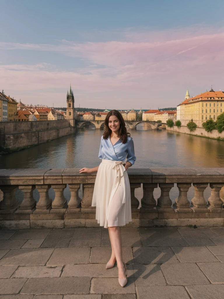 her name is Elle, high quality, 1girl, ((20-year-old fit Caucasian woman)), ((20 years old)), ((fit)), ((pale skin)), short length straight dark hair , wearingRuched Front Satin Blouse + High-Waisted Asymmetrical Skirt, pose: standing, background: Detail the romantic charm of the Charles Bridge in Prague at sunrise, with the city's spires silhouetted against the colorful sky and the Vltava River flowing below.