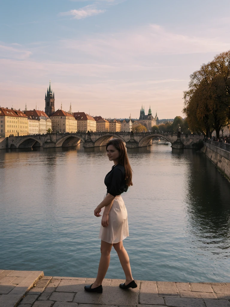 her name is Elle, high quality, 1girl, ((20-year-old fit Caucasian woman)), ((20 years old)), ((fit)), ((pale skin)), short length straight dark hair , wearingRuched Front Satin Blouse + High-Waisted Asymmetrical Skirt, pose: standing, background: Detail the romantic charm of the Charles Bridge in Prague at sunrise, with the city's spires silhouetted against the colorful sky and the Vltava River flowing below.