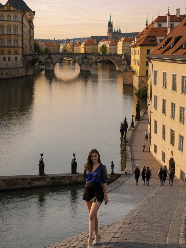 her name is Elle, high quality, 1girl, ((20-year-old fit Caucasian woman)), ((20 years old)), ((fit)), ((pale skin)), short length straight dark hair , wearingRuched Front Satin Blouse + High-Waisted Asymmetrical Skirt, pose: standing, background: Detail the romantic charm of the Charles Bridge in Prague at sunrise, with the city's spires silhouetted against the colorful sky and the Vltava River flowing below.