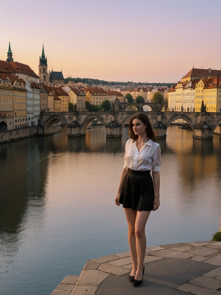 her name is Elle, high quality, 1girl, ((20-year-old fit Caucasian woman)), ((20 years old)), ((fit)), ((pale skin)), short length straight dark hair , wearingRuched Front Satin Blouse + High-Waisted Asymmetrical Skirt, pose: standing, background: Detail the romantic charm of the Charles Bridge in Prague at sunrise, with the city's spires silhouetted against the colorful sky and the Vltava River flowing below.