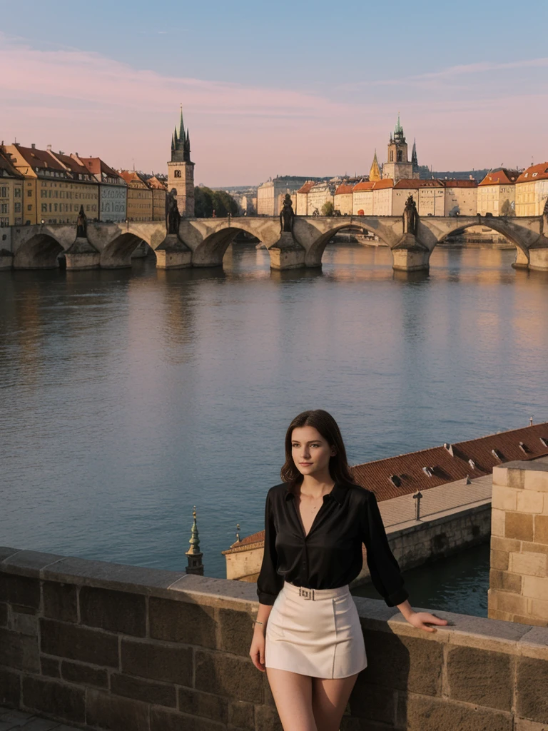 her name is Elle, high quality, 1girl, ((20-year-old fit Caucasian woman)), ((20 years old)), ((fit)), ((pale skin)), short length straight dark hair , wearingRuched Front Satin Blouse + High-Waisted Asymmetrical Skirt, pose: standing, background: Detail the romantic charm of the Charles Bridge in Prague at sunrise, with the city's spires silhouetted against the colorful sky and the Vltava River flowing below.