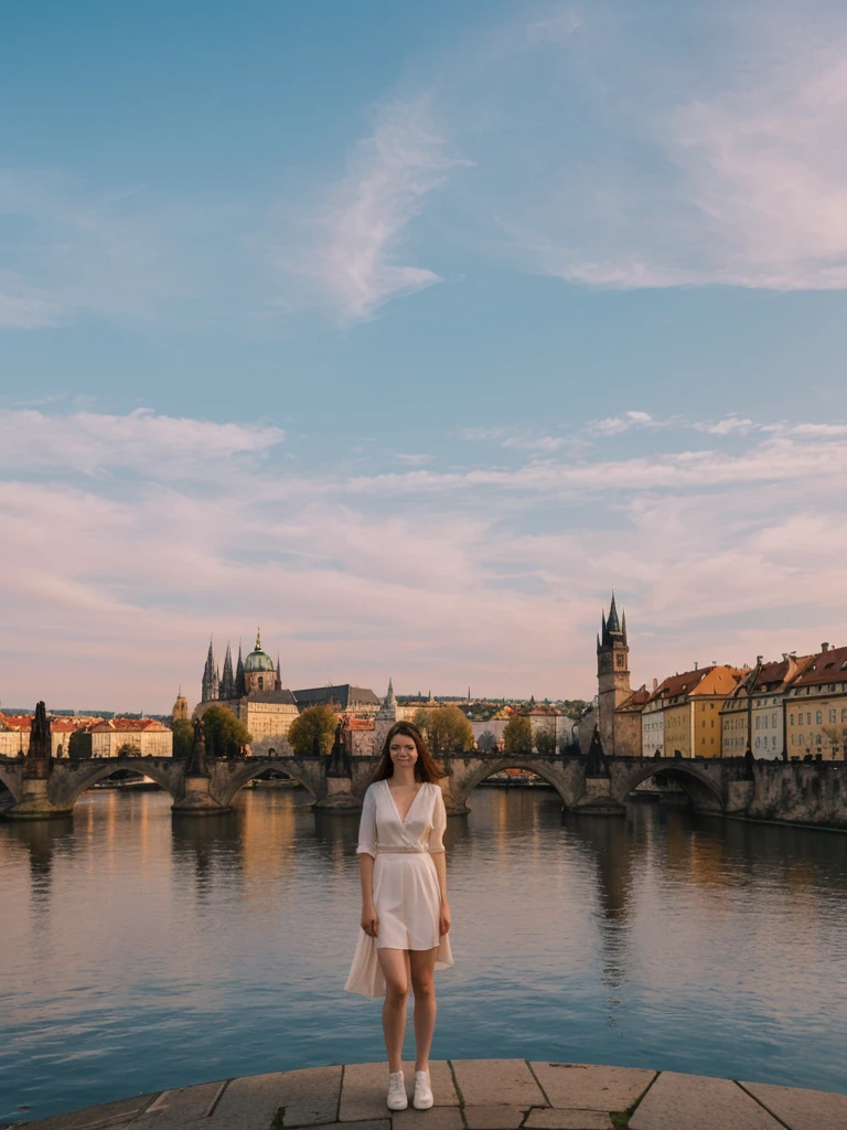 her name is Elle, high quality, 1girl, ((20-year-old fit Caucasian woman)), ((20 years old)), ((fit)), ((pale skin)), short length straight dark hair , wearingRuched Front Satin Blouse + High-Waisted Asymmetrical Skirt, pose: standing, background: Detail the romantic charm of the Charles Bridge in Prague at sunrise, with the city's spires silhouetted against the colorful sky and the Vltava River flowing below.