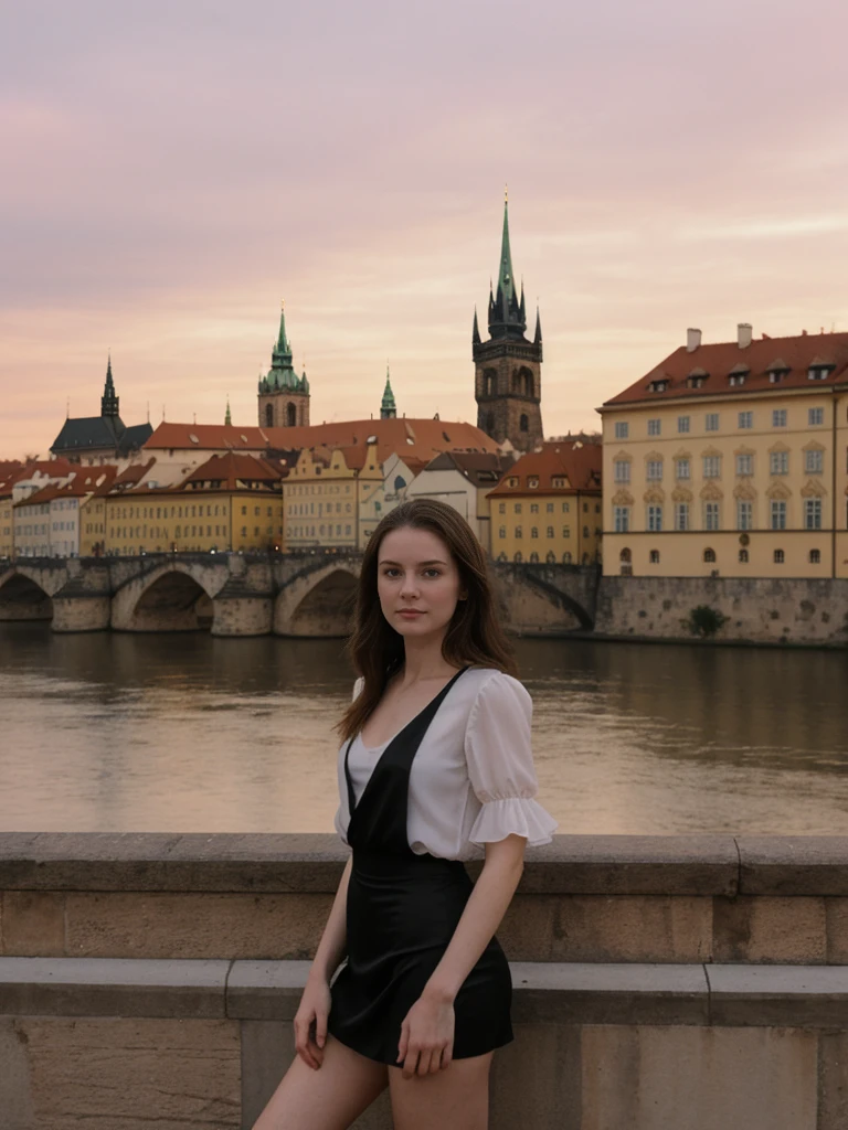 her name is Elle, high quality, 1girl, ((20-year-old fit Caucasian woman)), ((20 years old)), ((fit)), ((pale skin)), short length straight dark hair , wearingRuched Front Satin Blouse + High-Waisted Asymmetrical Skirt, pose: standing, background: Detail the romantic charm of the Charles Bridge in Prague at sunrise, with the city's spires silhouetted against the colorful sky and the Vltava River flowing below.