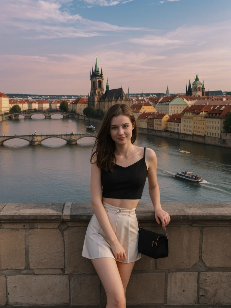 her name is Elle, high quality, 1girl, ((20-year-old fit Caucasian woman)), ((20 years old)), ((fit)), ((pale skin)), short length straight dark hair , wearingRuched Front Satin Blouse + High-Waisted Asymmetrical Skirt, pose: standing, background: Detail the romantic charm of the Charles Bridge in Prague at sunrise, with the city's spires silhouetted against the colorful sky and the Vltava River flowing below.