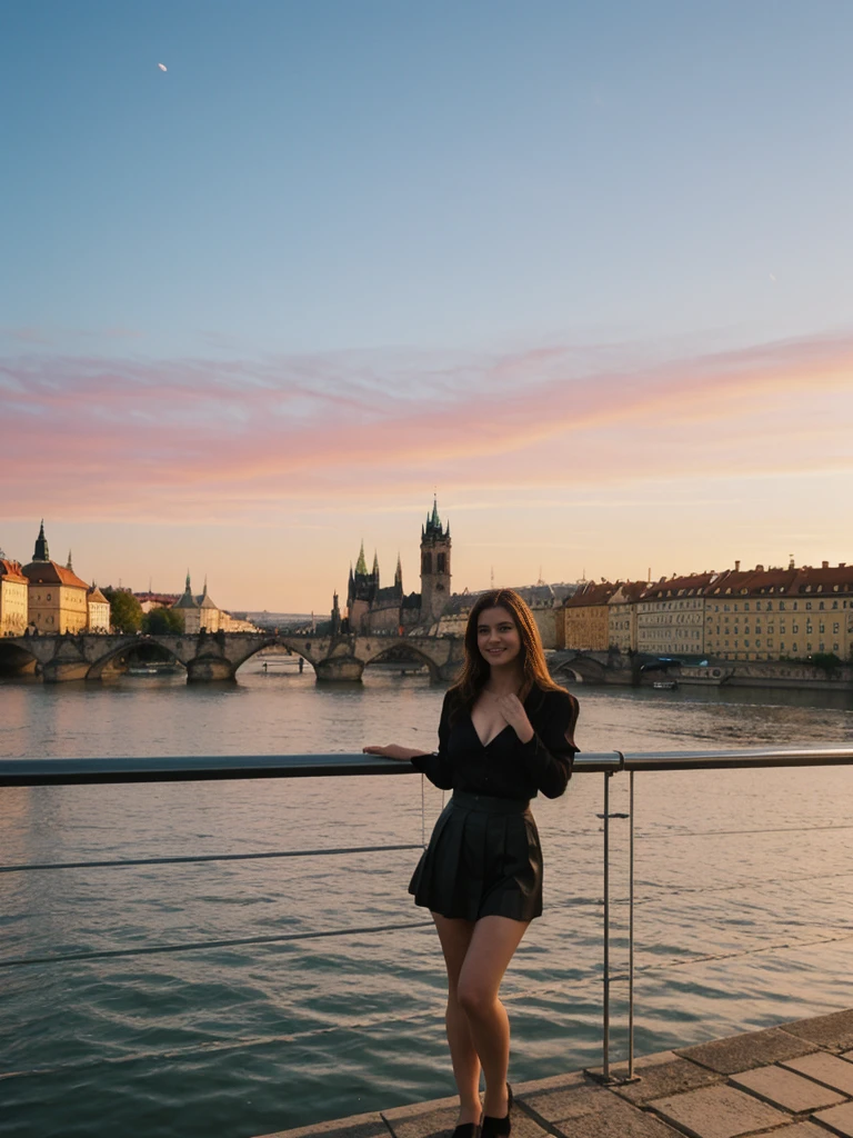 her name is Elle, high quality, 1girl, ((20-year-old fit Caucasian woman)), ((20 years old)), ((fit)), ((pale skin)), short length straight dark hair , wearingRuched Front Satin Blouse + High-Waisted Asymmetrical Skirt, pose: standing, background: Detail the romantic charm of the Charles Bridge in Prague at sunrise, with the city's spires silhouetted against the colorful sky and the Vltava River flowing below.
