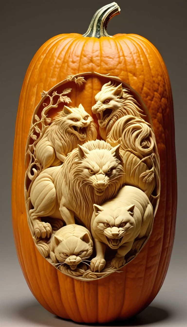 Pumpkin Carving Design Styles,Four divine beasts, Qi Baishi and Chen Longque、Chen Dingbo's dynamic illustration pumpkin carving, Octane Rendering,(best quality, masterpiece, representative work, Official Art, professional, 8K:1.3)