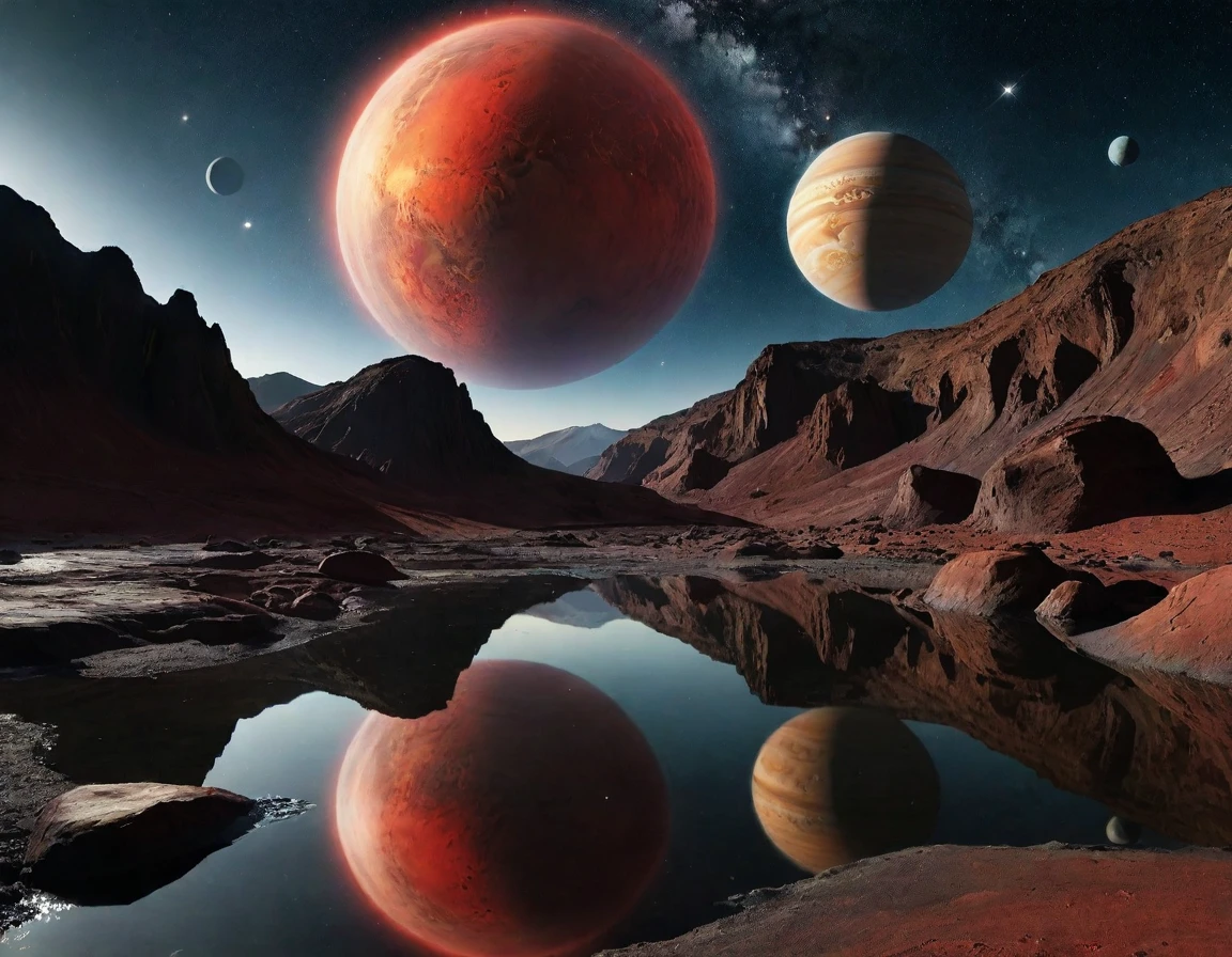 The image portrays a surreal and fantastical cosmic scene, likely digitally created. It showcases a variety of celestial bodies in an impossible configuration. In the foreground, there’s a reflective body of water surrounded by rocky terrain with sharp cliffs. Above the horizon, three planets are visible: the largest one dominates the sky with prominent rings and what appears to be mountainous and cratered terrain on its surface. A smaller planet hovers closely above it, while another spherical body with striped patterns floats serenely in the reflection of the water below. The backdrop features a starry sky with nebulous clouds, adding to the otherworldly ambiance of this imaginative landscape. The scene is interesting due to its blend of familiar planetary elements presented in an unfamiliar way that defies real-world physics, evoking curiosity about such fantastical cosmic possibilities.
