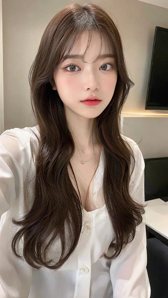 ((top-quality、8K、masterpiece:1.3))、Crisp focus:1.2、Beautiful Women in Perfect Style:1.4、The horizontal full body is displayed1.2、full body1.2((dark brown hair、Colossal tits:1.2))、(White button shirt:1.1)、Marble background:1.2、stright long hair、Highly detailed facial and skin texture、A detailed eye、double eyelid、Take a full-body photo of you。Secure the camera、Position yourself so that you can see your whole body clearly.。It's also important to make sure your face is clearly visible.。Try to shoot in as natural a pose as possible。
