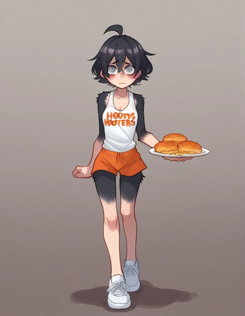 1 girl, alone, ppka, black fur, short hair, messy fur, Ahoge, parts, parts por todo el cuerpo, grey eyes, blind eyes, kind eyes, very nervous, looking at the viewer, blushing Minishort, minishort naranja, sport short, mini tank top, white mini shirt, white tennis shoes, (hooters waitress) (Hooters uniform) restaurant, small notebook and pen in hands, posing