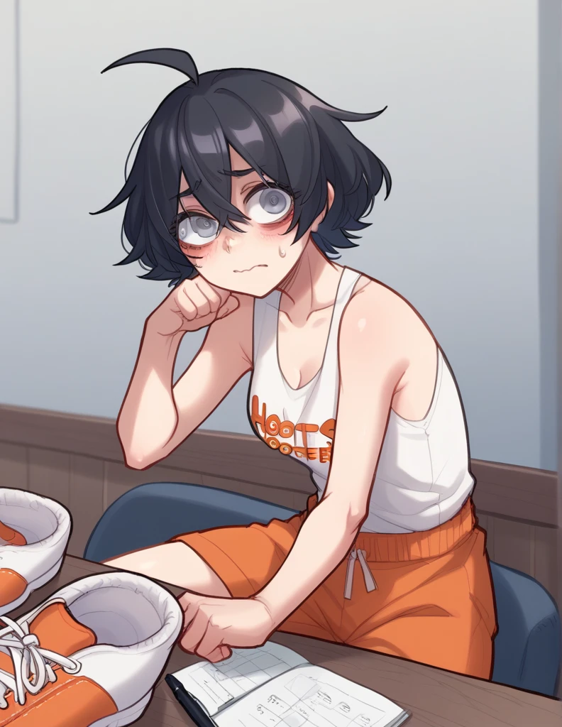 1 girl, alone, ppka, black fur, short hair, messy fur, Ahoge, parts, parts por todo el cuerpo, grey eyes, eyes, kind eyes, very nervous, looking at the viewer, blushing Minishort, minishort naranja, sport short, mini tank top, white mini shirt, white tennis shoes, (hooters waitress) (Hooters uniform) restaurant, small notebook and pen in hands, posing