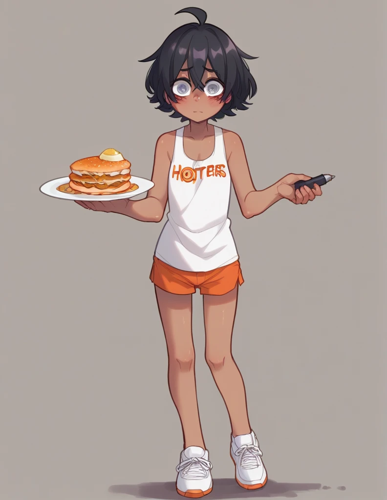 
1 girl, alone, ppka, black fur, short hair, messy fur, Ahoge, parts, parts por todo el cuerpo, grey eyes, blind eyes, kind eyes, very nervous, looking at the viewer, blushing Minishort,  minishort naranja, sport short, mini tank top, white mini shirt, white tennis shoes, (hooters waitress) (Hooters uniform) restaurant, small notebook and pen in hands, posing 