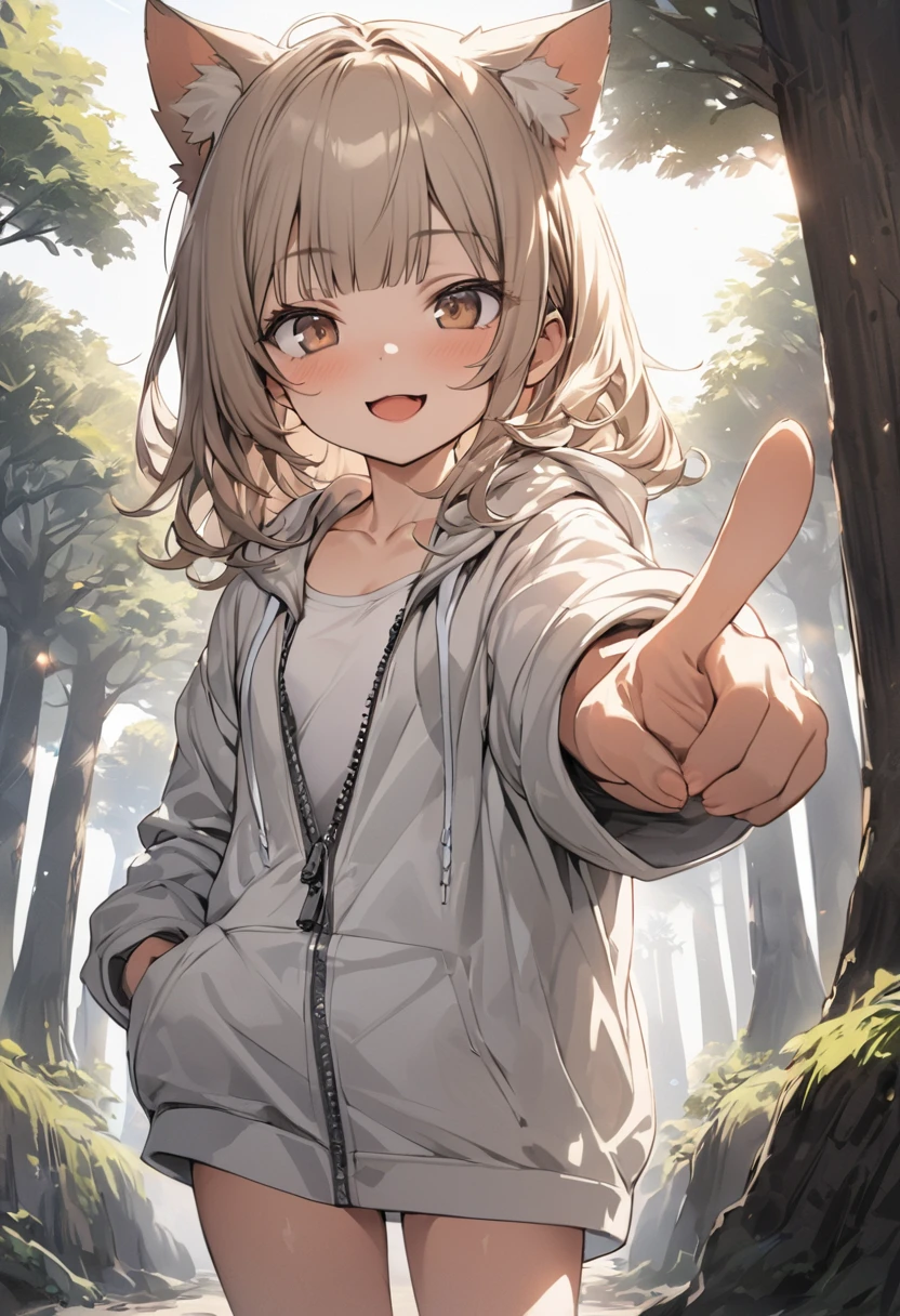 ((Masterpiece)), ((best quality)), (Anime:1.3), (super detail:1.2),(High Definition:1.3), (Professional Photography:1.2), (wide shot), (sharp focus), (perfect light), ((12 years old)), cowboy shot, (morning), messy medium hair, Beautiful collarbone, (cute hoodie with zipper), white tanktop, (Healthy slim body), (loose blunt bangs), Slender body, glossy skin, (nauthy smile), open mouth, ((Beautiful brown eyes)), Textured skin, (Cat ears), Pale brown hair, Cute Beautiful Girl, (slightly exposed small chest), BREAK, ((best quality)), pointing forward with hand, ((lean against a giant trees)), (sharp focus), perfect hands, (perfect light),