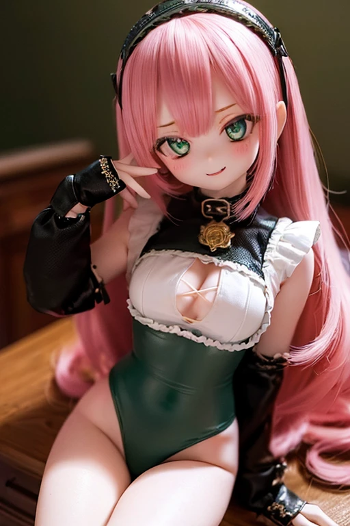 ((highest quality)), ((masterpiece)), (extremely detailed), kukolnydom, doll, mature woman, solo, cowboy shot, sitting on desk, green eyes, (looking at another, blank eyes:1.3), seductive smile, pink hair, long hair, hairband, blunt bang, blue leotard, classroom, 8k