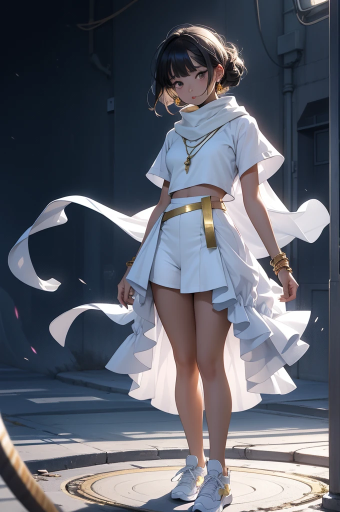 Plain background, One girl, Standing pose, Bright costumes, Y2K, sneakers, whole body, Girl, scarf, Girls Shots, compensate, mascara, Soft lips、Fluid silhouette, Short sleeve, Elegant and luxurious materials and design, Minimal accessories, Silver or gold necklaces and thin rings, grace,