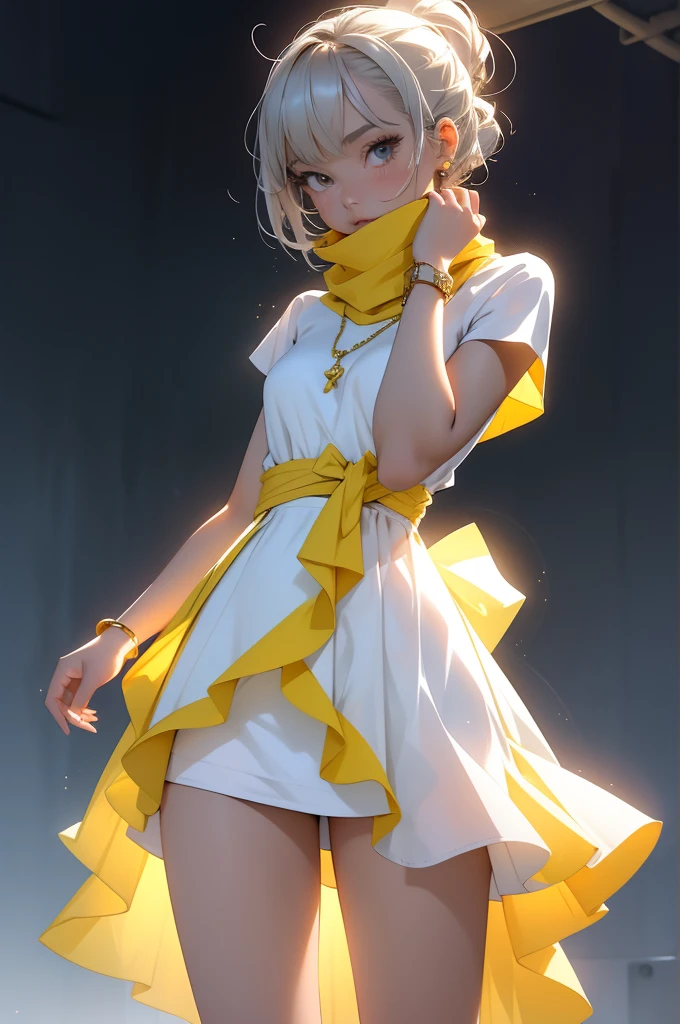 Plain background, One girl, Standing pose, Bright costumes, Y2K, sneakers, whole body, Girl, scarf, Girls Shots, compensate, mascara, Soft lips、Fluid silhouette, Short sleeve, Elegant and luxurious materials and design, Minimal accessories, Silver or gold necklaces and thin rings, grace,