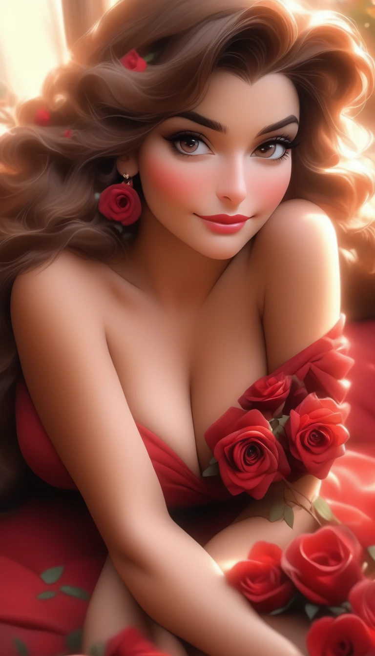 ((Masterpiece)), ((Best Quality)), (Very Detailed), ((Very Detailed)), 4K, (8K), very aesthetic, absurdres highres, 1 female, mature woman, bewitching, solo, breasts, flower, brown hair, dress, sitting, heart print, tree, heart, rose, outdoors, brown eyes, long hair, looking at viewer, sleeveless dress, bush, lips, sleeveless, blurry, collarbone, red flower, blurry background, couch, red rose, bare shoulders, gigantic breasts, day, feet out of frame, bare arms