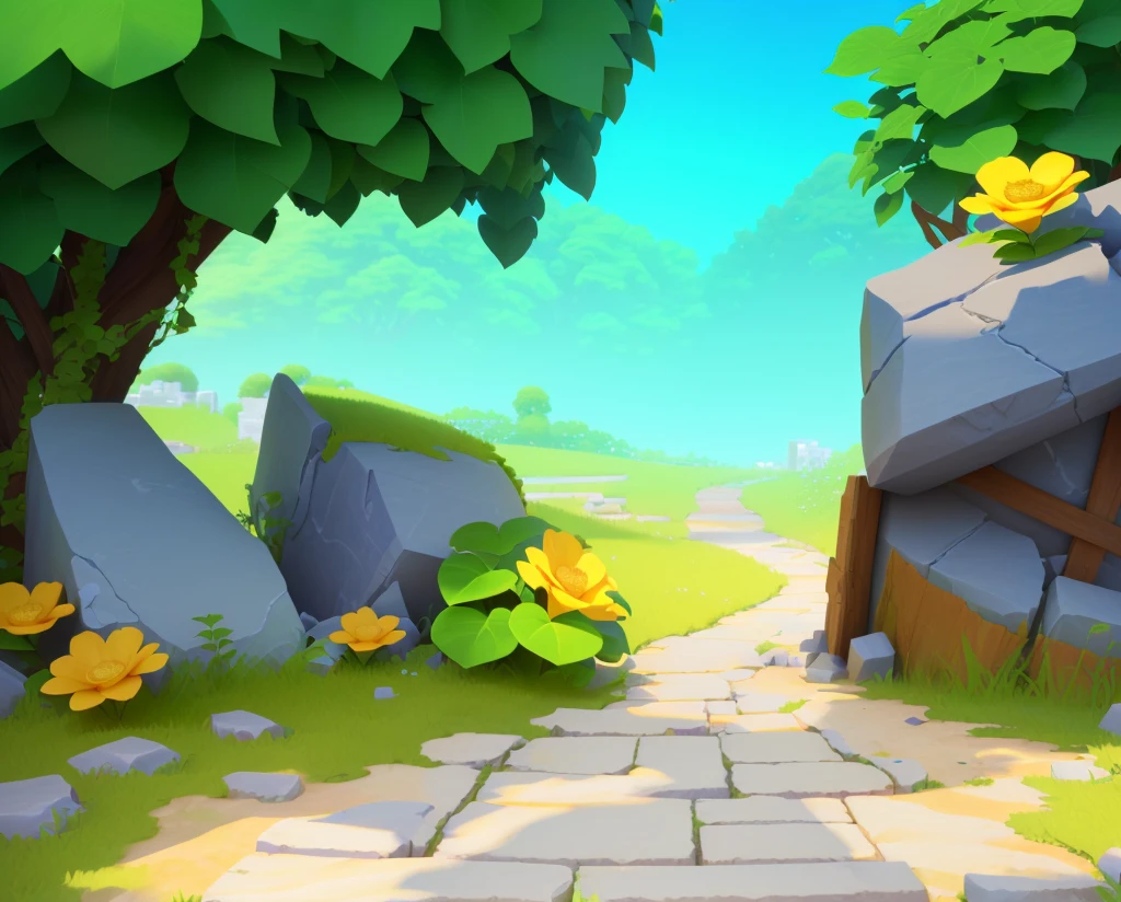 ruins,Stone road,Grass,flower,Vine,European and American cartoon style,Cartoon 3D,梦幻flower园风格,high quality