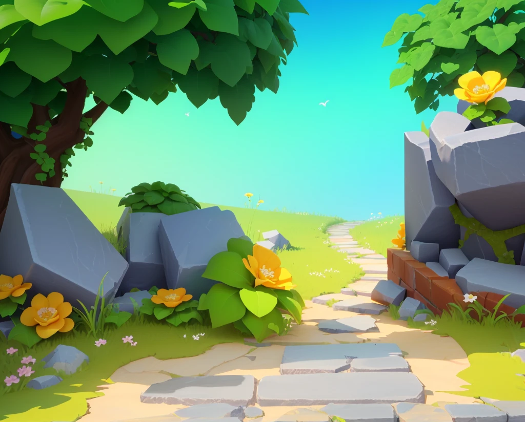ruins,Stone road,Grass,flower,Vine,European and American cartoon style,Cartoon 3D,梦幻flower园风格,high quality