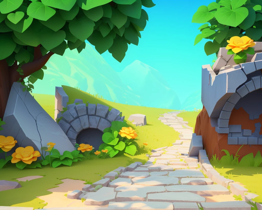 ruins，Stone road，Grass，flower，Vine，European and American cartoon style，Cartoon 3D,梦幻flower园风格，high quality