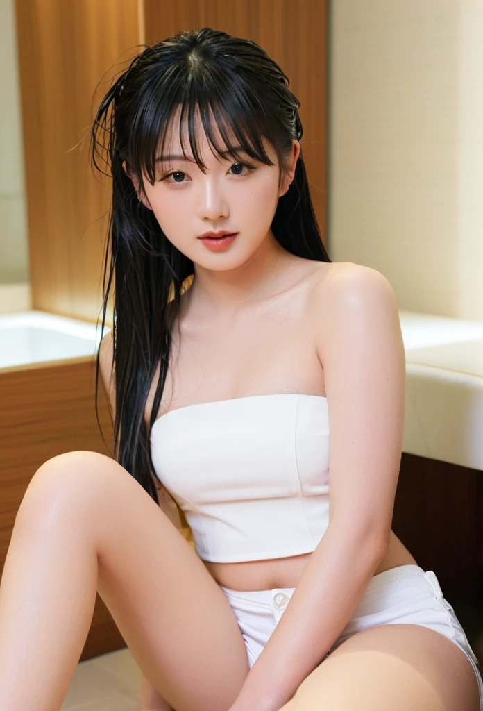 close-up of beautiful Chinese, Ningning is a AESPA South Korean pop girl group, age 22 years old girl, youthful face, white skin body, perfect body, shoulder hair, black hair, straight hair, flat bangs cut, bust size 36 inches, wearing a tight plain light white strapless tube top, wearing a tight plain light white short pants, Ningning holding breasts with her own two hands is very sexy and sigh, Ningning squeezes the breasts very seductively, Ningning lowered her strapless tube top a little bit, Ningning sits on the boyfriend special room, Ningning pees in the boyfriend special room with a sigh, Ningning pees, Ningning peed herself until she was wet, ((peeing self)), ((wet pee)), my hair was held by a boyfriend, then my boyfriend held a pair of scissors in his right hand, then had my hair forcibly cut by a boyfriend using scissors to make me sigh, strand after strand of Ningning’s hair fell down, pieces of Ningning’s hair now filled the floor around where she was sitting, ((Ningning’s hair was cut using a pair of scissors by her boyfriend)), (the remaining hair pieces were scattered on the boyfriend special room floor)), ((strands of Ningning's hair fell down)), ((the remaining hair pieces fell under the floor), sexy looking pose, pose a naughty look, pose looks seductive, at a boyfriend special room, UHD